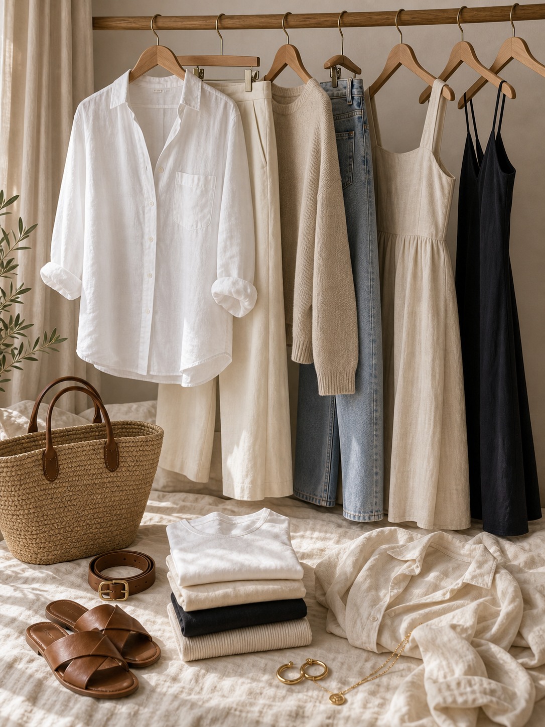 Soft outfits with feminine dresses and linen layers