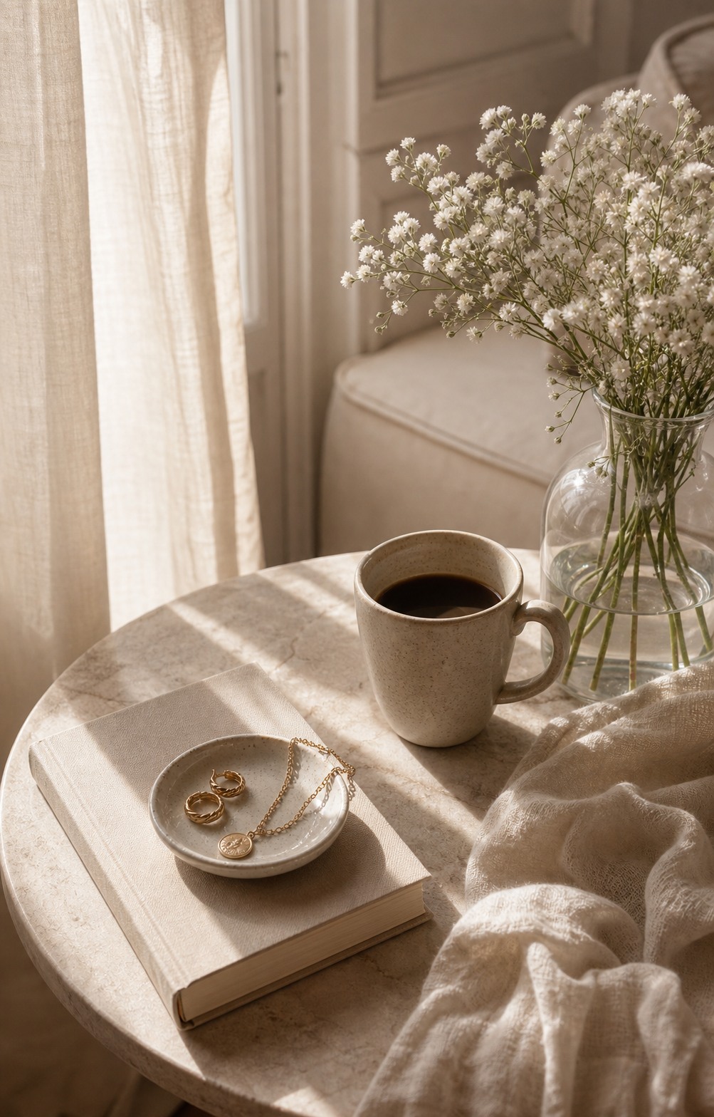 Soft home detail with flowers and linen