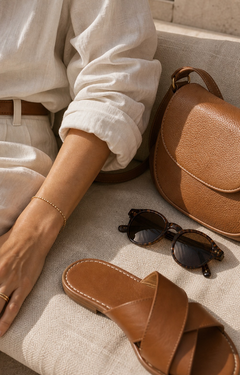 Outfit detail with bag and soft fabric