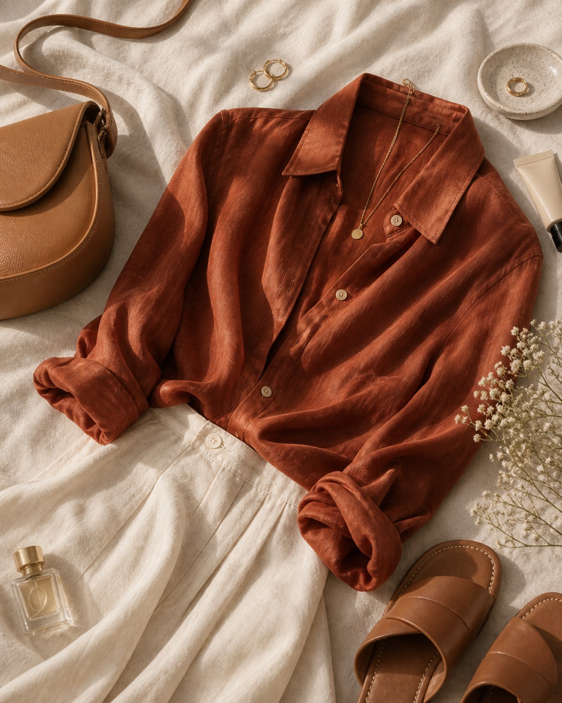 Rust blouse with cream trousers and camel accessories