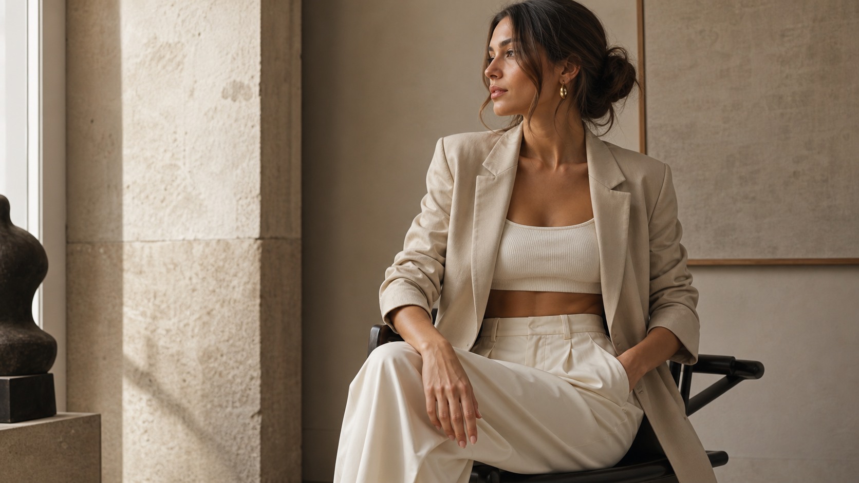 Neutral outfit with cream knitwear and tailored trousers