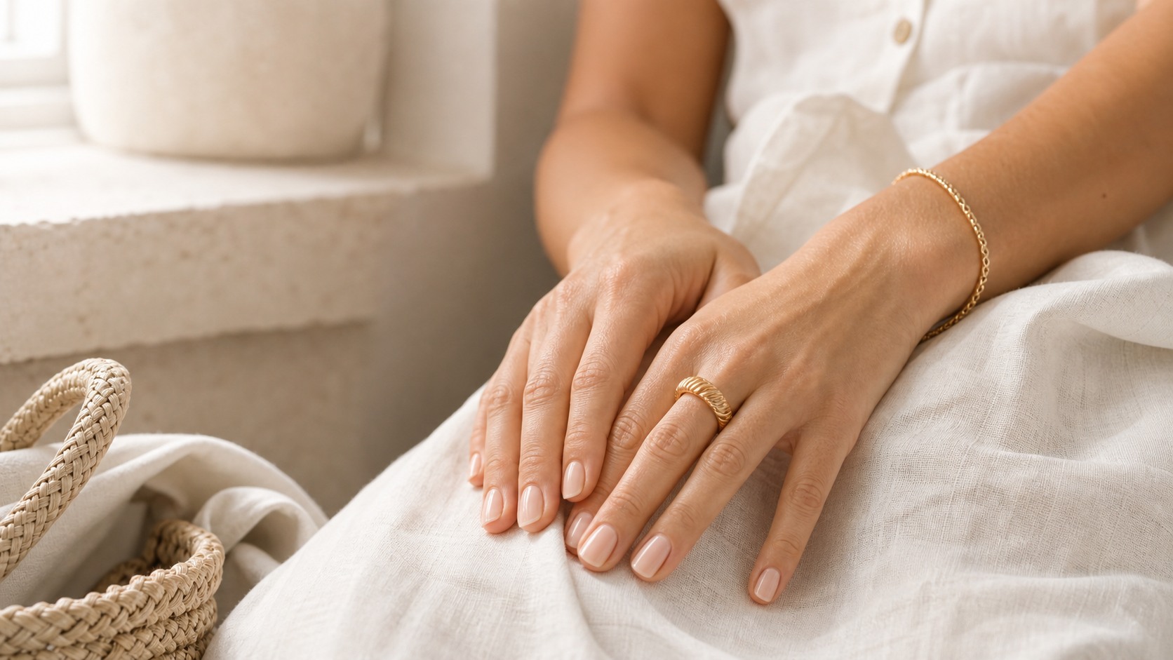 Neutral manicure beside white linen fabric and gold rings